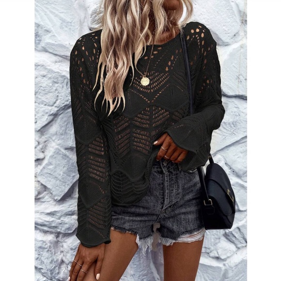 Black Hollow Out Knit Long Bell Sleeve Pullover Light Sweater Boat Neck - Picture 4 of 8